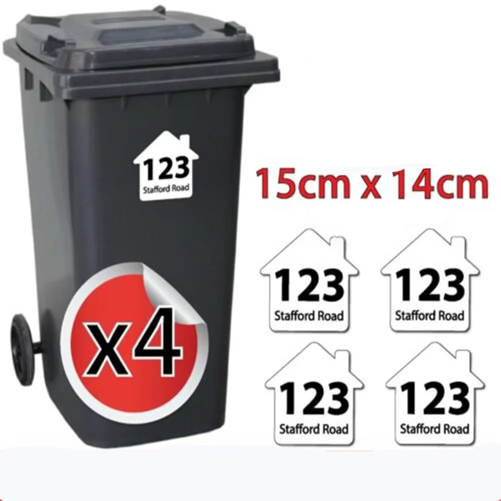 4 x VINYL STICKERS NUMBERS CUSTOM HOUSE NUMBER & ROAD STREET NAME TRASH STICKER