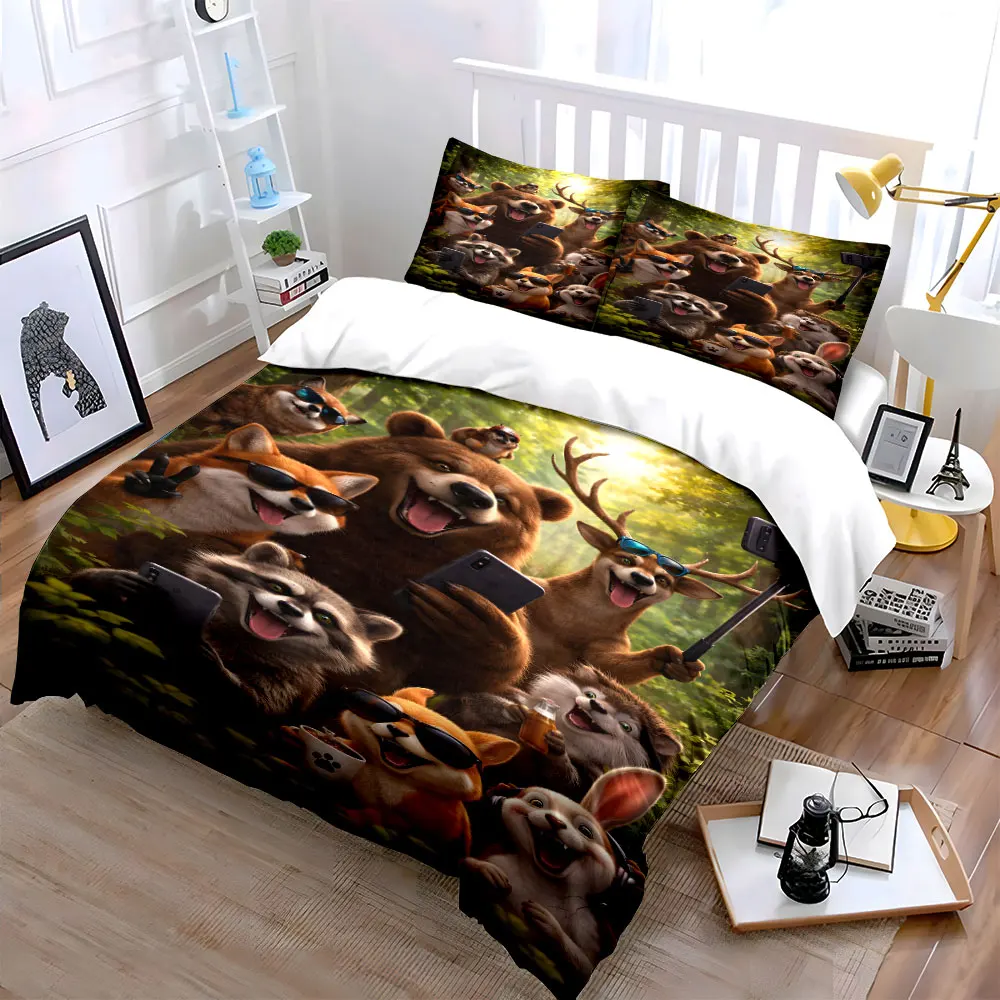 Forest animals taking cheerful selfies Print Bedding Set 1 Duvet Cover 2 Pillowcases for Adult and Children Luxury Gift
