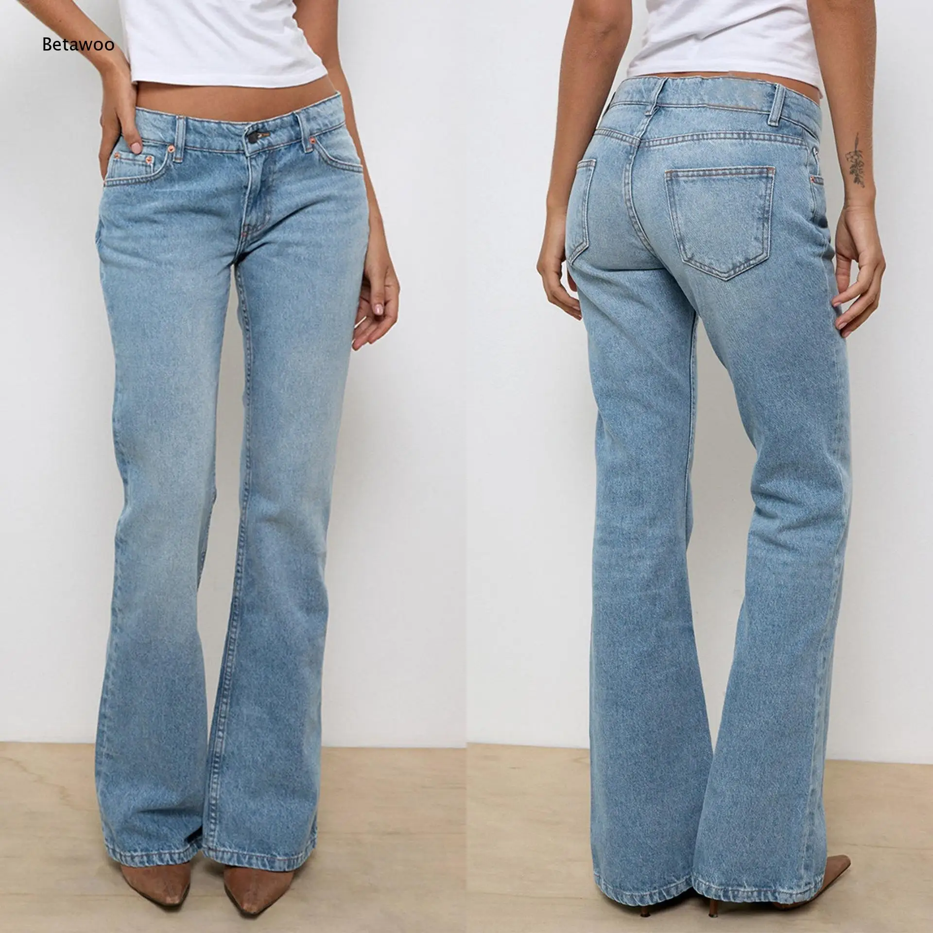 Women Low Rise Light Wash Slim Flare Jeans Vintage Classic Pocket Denim Bootcut Pants for Daily Street Style
