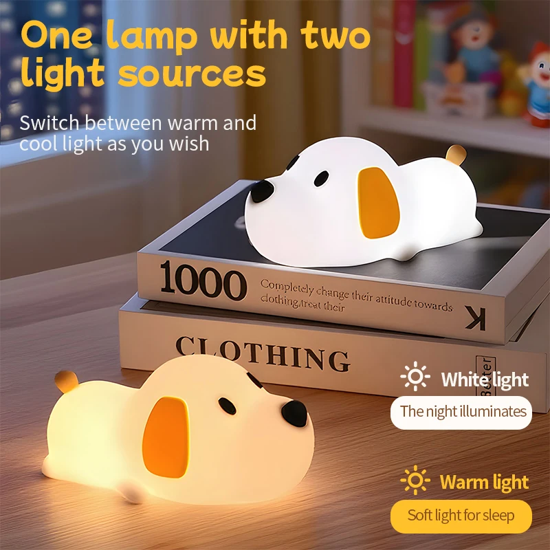 Cute Silicone Dog LED Night Light ,2 Colors Dimmable Timer，USB Rechargeable，Bedside Bedroom Decor Birthday Gifts
