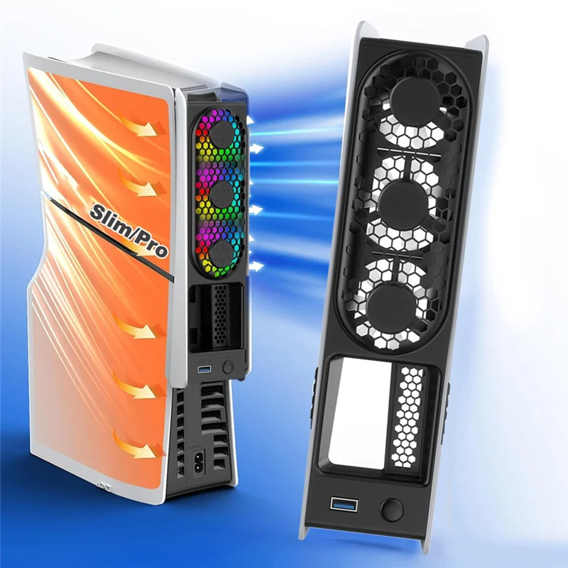 ABSQ-PS5 슬림/프로용 LED 조명 쿨링 팬 - 저소음, 고효율 냉각 시스템, 3단계 팬 속도 조절, USB 3.0 포트 탑재 PS5 쿨러