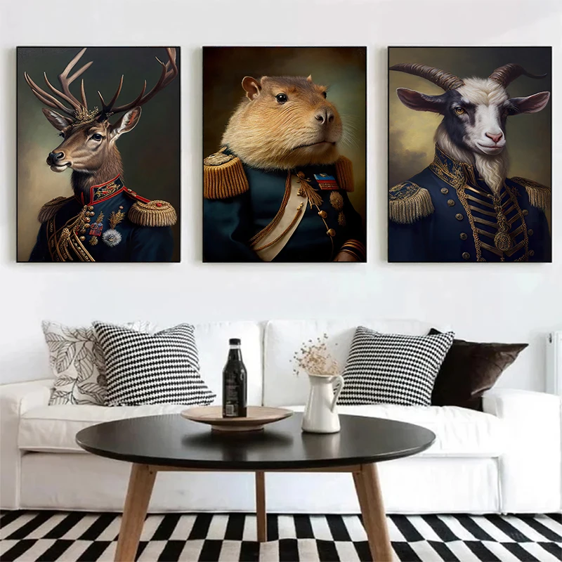 Animals Portrait in Military Uniform Posters Camel Cow Dog Prints Canvas Printing Wall Art Picture for Living Room Home Decor