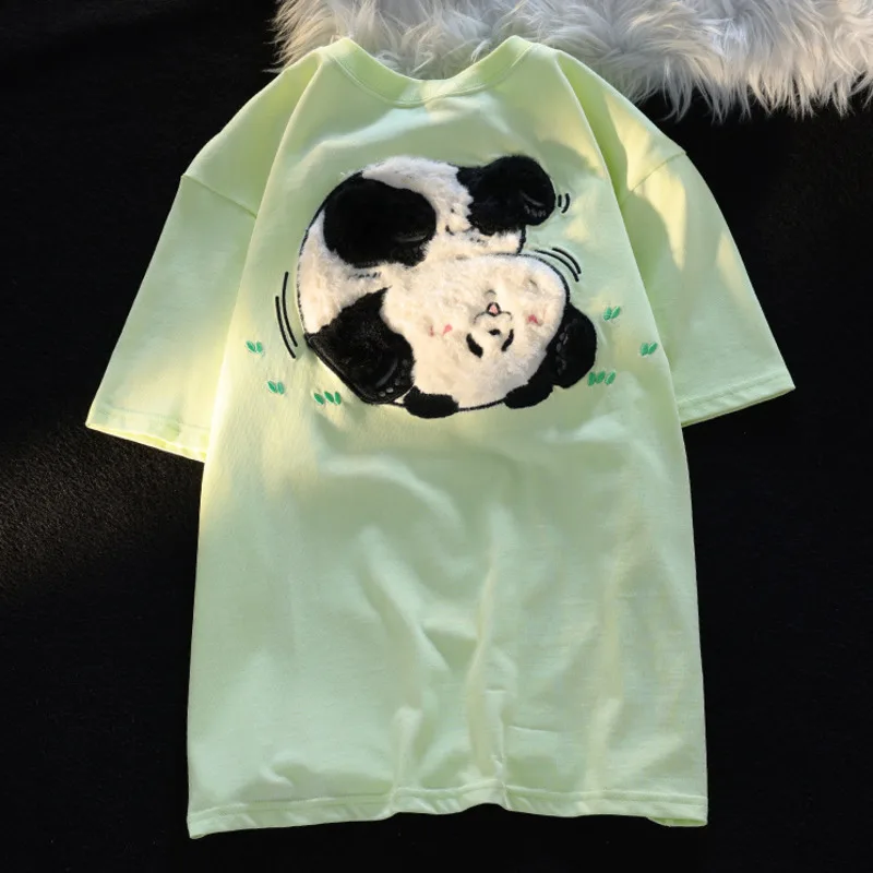 2024 Summer New Short-sleeved Cartoon Panda Flocking T-Shirts Women Plush Embroidery Sweet Cute Tee Shirts Harajuku Streetwear