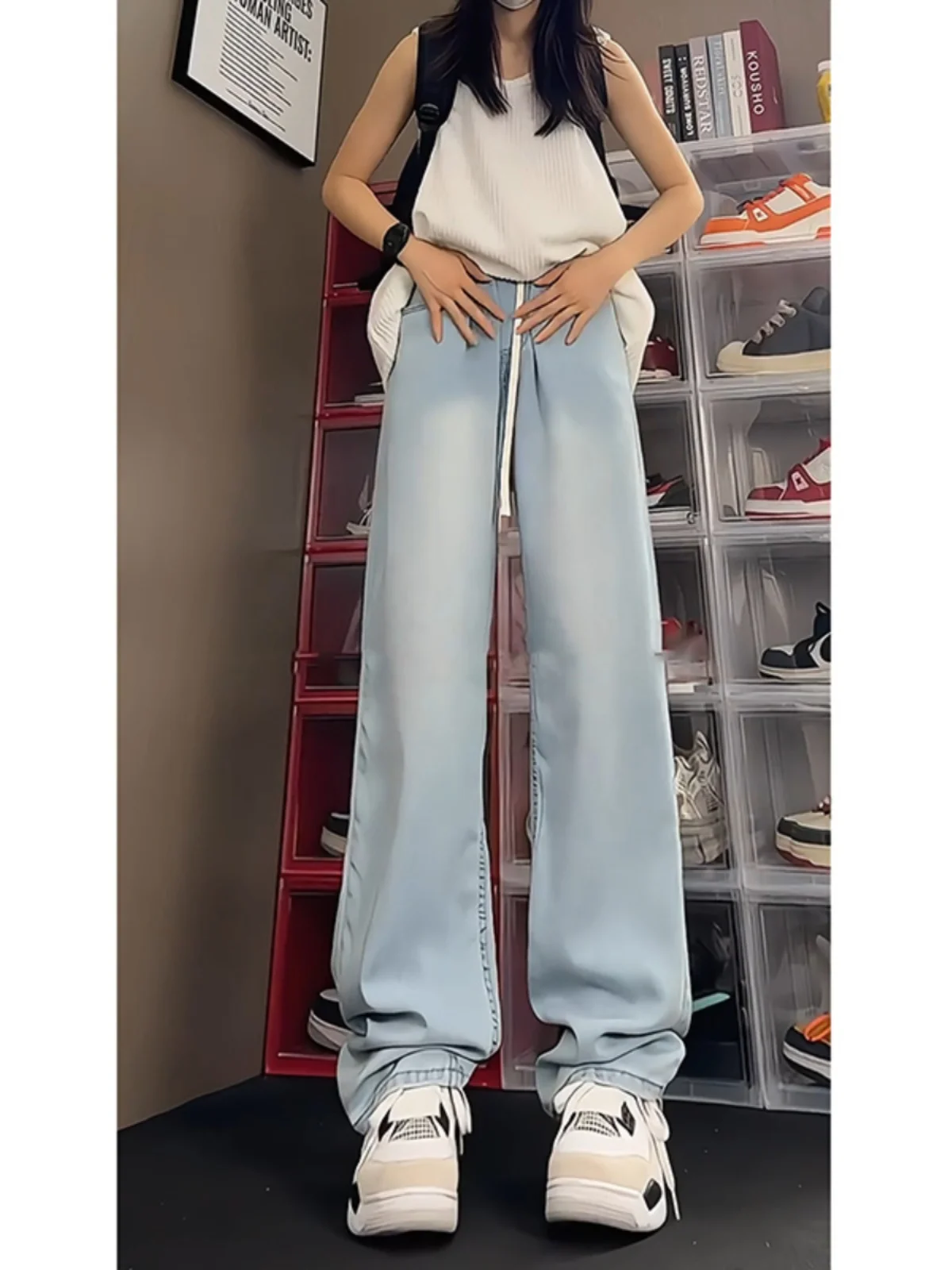 

Light Blue Silk Denim Jeans Men's Thin Summer Drape Dstring Straight Leg Pants Slimming Effect Casual Summer Jeans