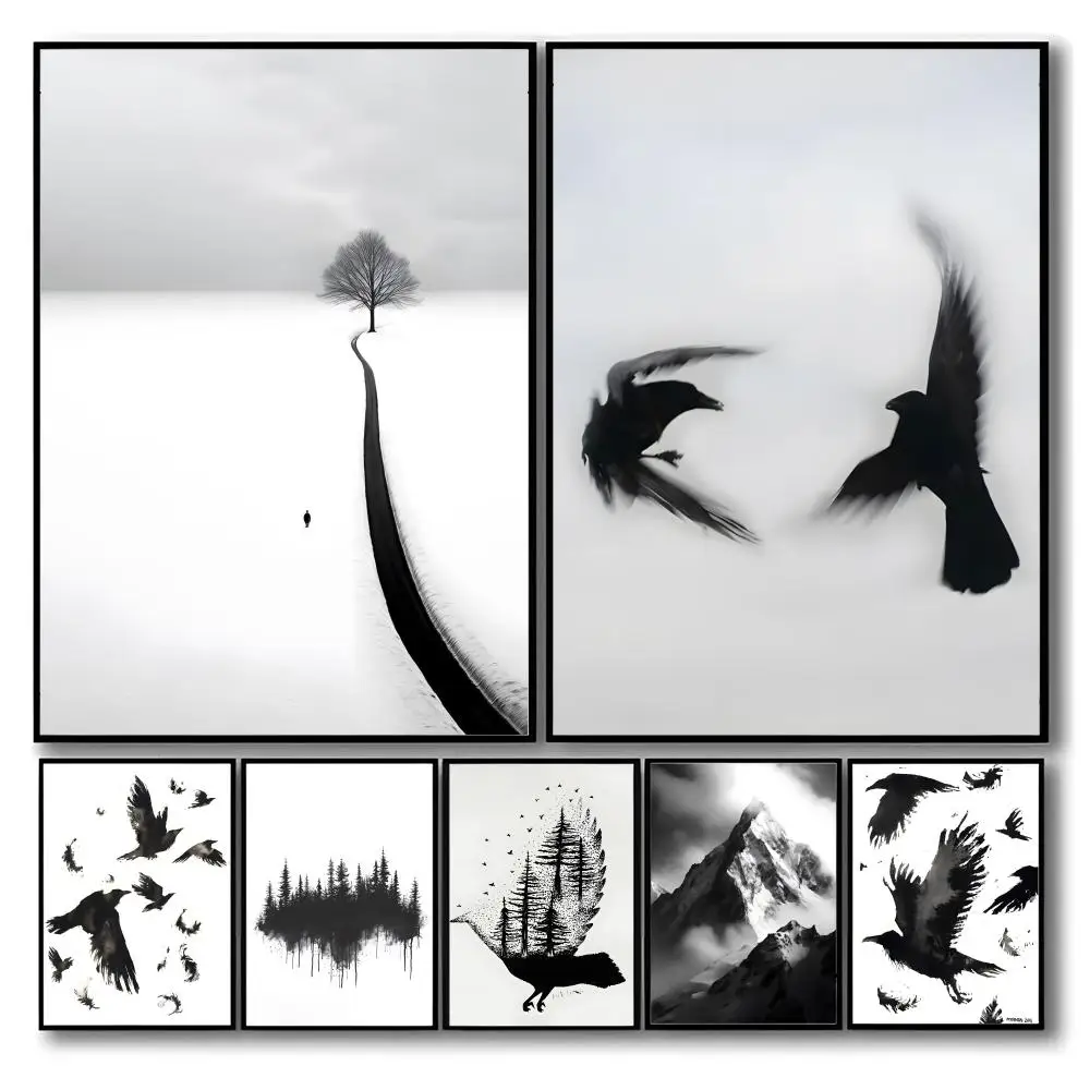 (No frame)Póster minimalista de paisaje de árbol blanco y negro, impresión artística de pared adhesiva, impermeable, para el