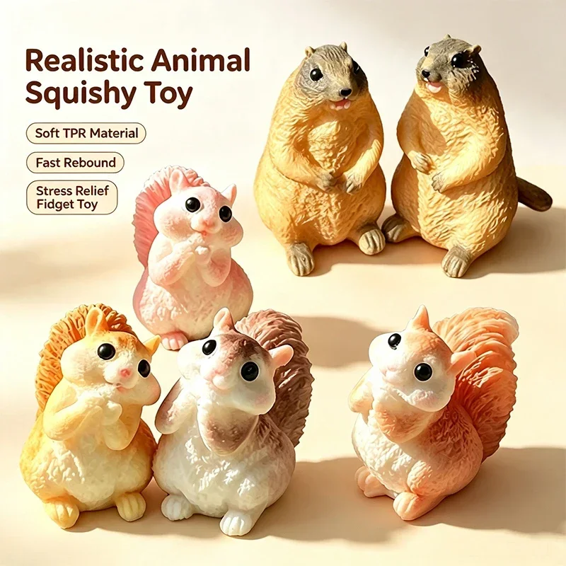 Realistic Squirrel Prairie Dog Figurine Squishy Toy Soft TPR Fast Rebound Adult Stress Relief Desktop Decor Fidget Hand Toy Gift