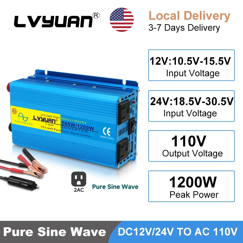 

Power Inverter Pure Sine Wave 1200W Portable Solar Inverter DC 12/24v to AC 110v Converter for Car Transformer