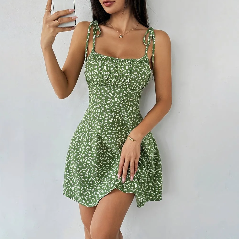 2025 Sommer Neues Europäisches und Amerikanisches Blumen-Trägerkleid für Damen, Kurzer Stil, Schlank und Sexy A-Linien-Rock – Detail 6