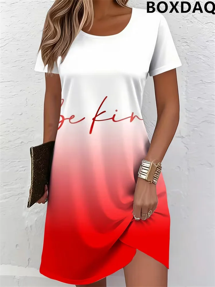 Summer Women's New A-Line Dresses Casual Short Sleeved Round Neck 3D Gradient Pattern Printed Loose Elegant Dress