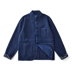 Chaqueta de traje Vintage Indigo Tang para hombre, chaqueta de manga larga con varios bolsillos para otoño e invierno, cárdigan tradicional chino de algodón