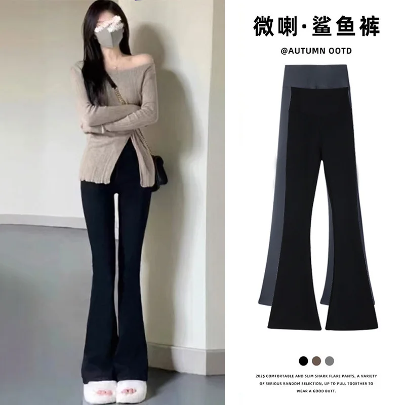 Flared Shark Autumn Winter High Wait Slim Fit Slimming Horehoe Women Outer Wear Tight Fleece Lined Thickened Bell Bottom