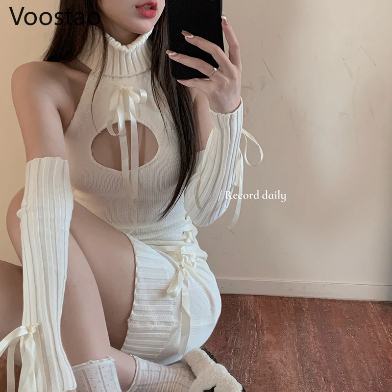 Spring Autumn Women Knitted Bodycon Dress Party Sexy Slim Casual Y2k Mini Dress Female Elegant Turtleneck Hollow Out Sweater