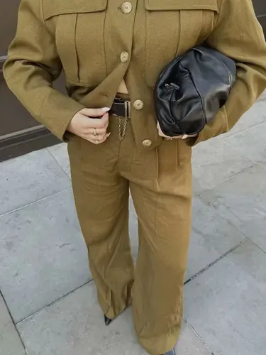 Imagen 2 del producto HH-traje Vintage para mujer, chaqueta Bomber de manga larga con cuello redondo y pantalones de pierna ancha con cremallera plisada, conjunto de moda urbana