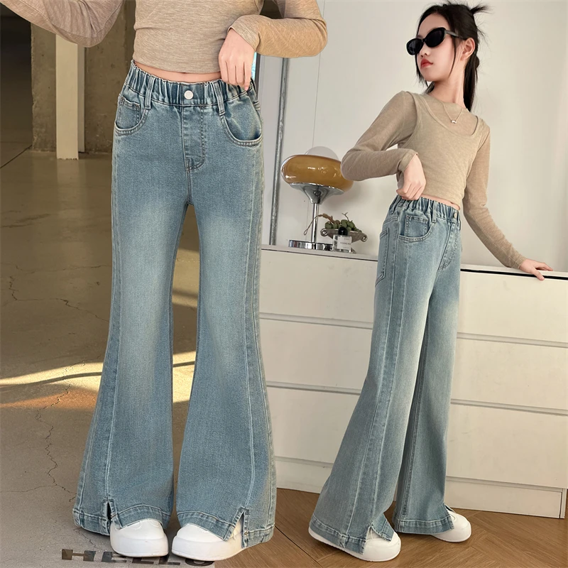 

Women's open top jeans, children's stretch mid waist jeans, and spring and autumn casual slim fit flared pants are durable