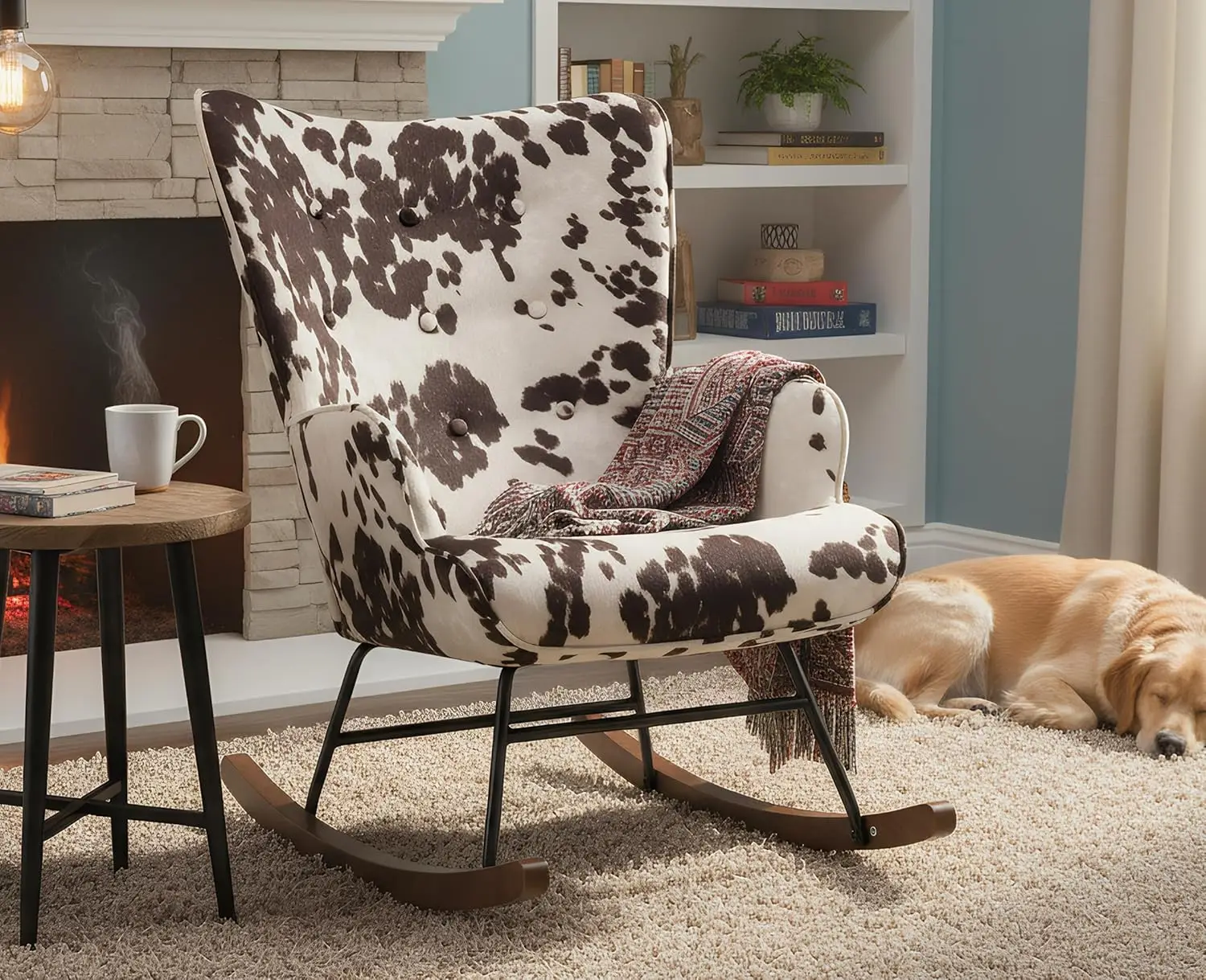 Nursery and Bedroom Rocking Chair, Fabric Upholstered, Cow Print, Comfortable with Wooden Base