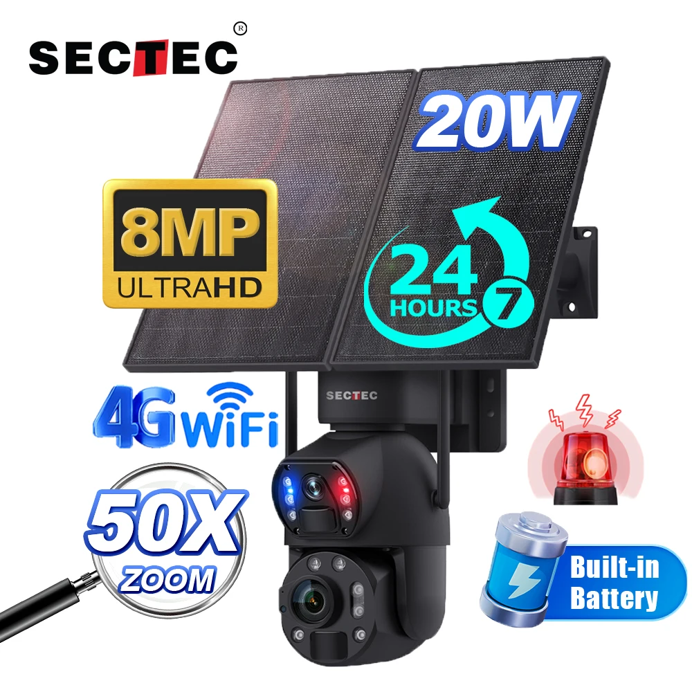 

Metal 4K Dual Lens 20W 50X Zoom 4G Solar Camera Full Time Recording Built In 20000mAh Battery IP66 Dual PIR CCTV Security Camera