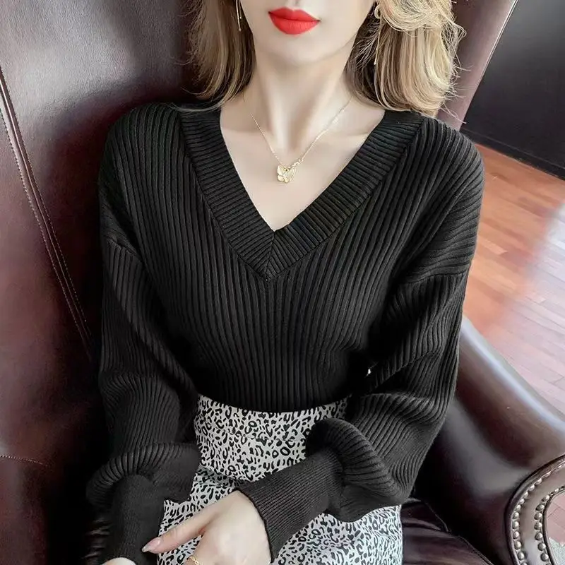 Autumn Winter Solid Color Simple V-neck Sweater Lady Oversized Casual Fashion All-match Jumper Top Women Loose Knitting Pullover