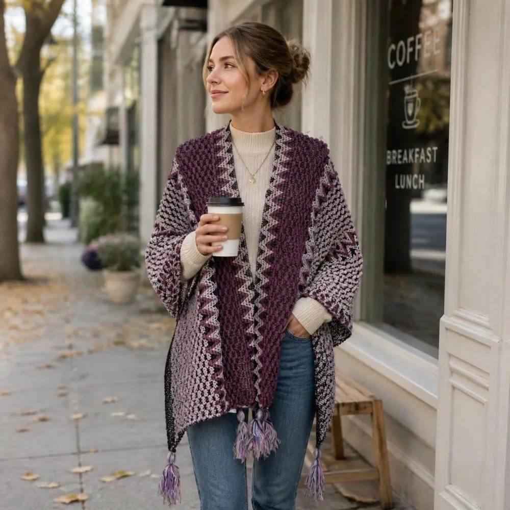 Striped Pattern Knit Poncho Cape Ethnic Print Oversized Tassel Knit Shawl Long Tassel Open Front Shawl Wrap Cardigan For Women