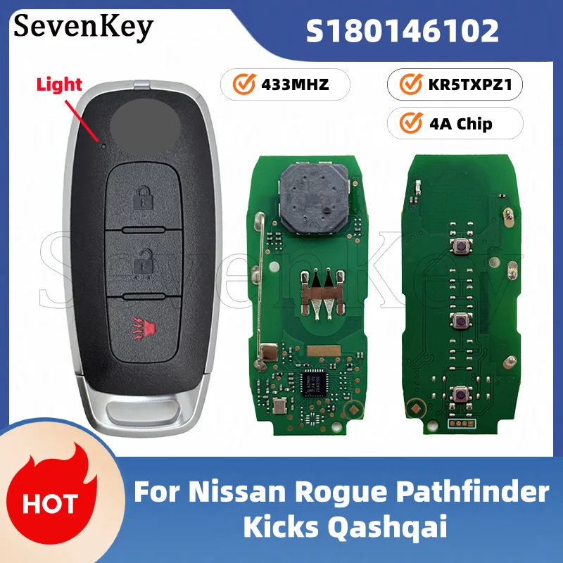 

Seven S180146102 KR5TXPZ1 285E3-5MR1B 3 Button Remote Key Fob 433MHz 4A Chip For Nissan Rogue Pathfinder Kicks Qashqai 2022-2023