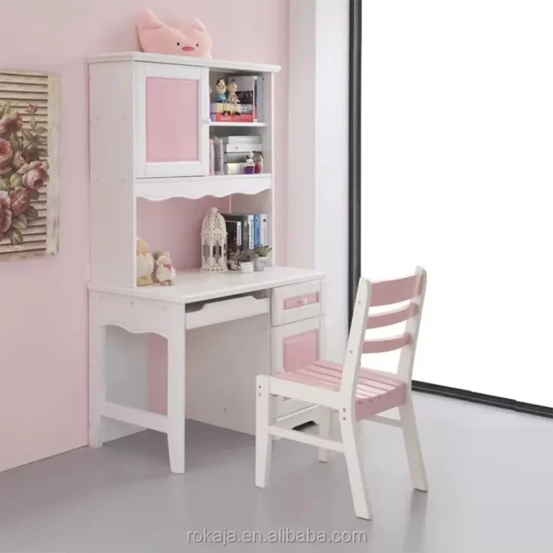 Children Kids Study Table And Chair Set Solid Wood   With Bookshelf Girls Bedroom Furniture Sets