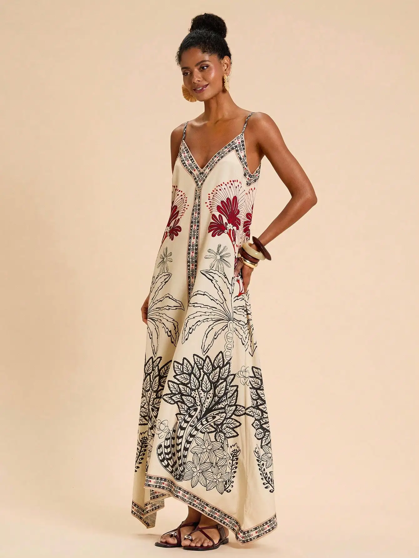 Boho bloemenprint spaghettibandjes jurk met V-hals voor strandvakantie en zomeroutfits