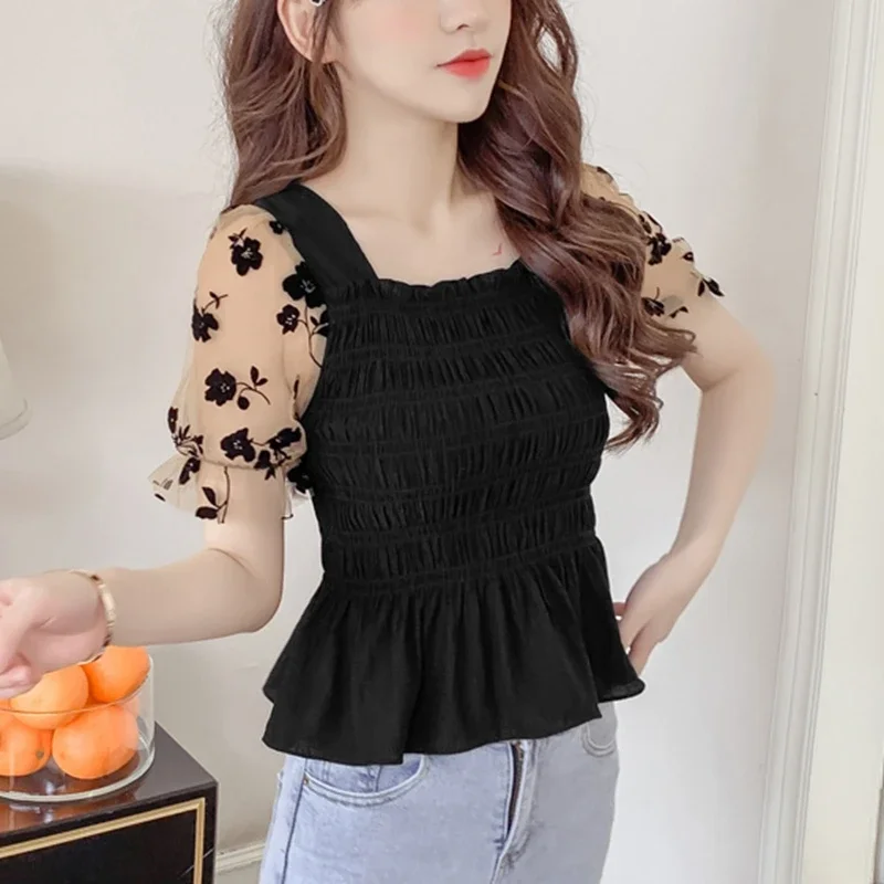 Summer Puff Sleeve Corset Top Blouse Women 2024 Fashion Casual Mesh Patchwork Blusa Mujer Korean Slim Sexy Chiffon Black Blouses