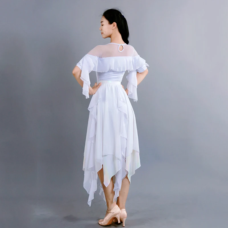 Vêtements de danse de salon irréguliers blancs pour femmes, hauts féeriques, jupe, robes de danse de valse, vêtements d'entraînement, Costume de spectacle DNV24483
