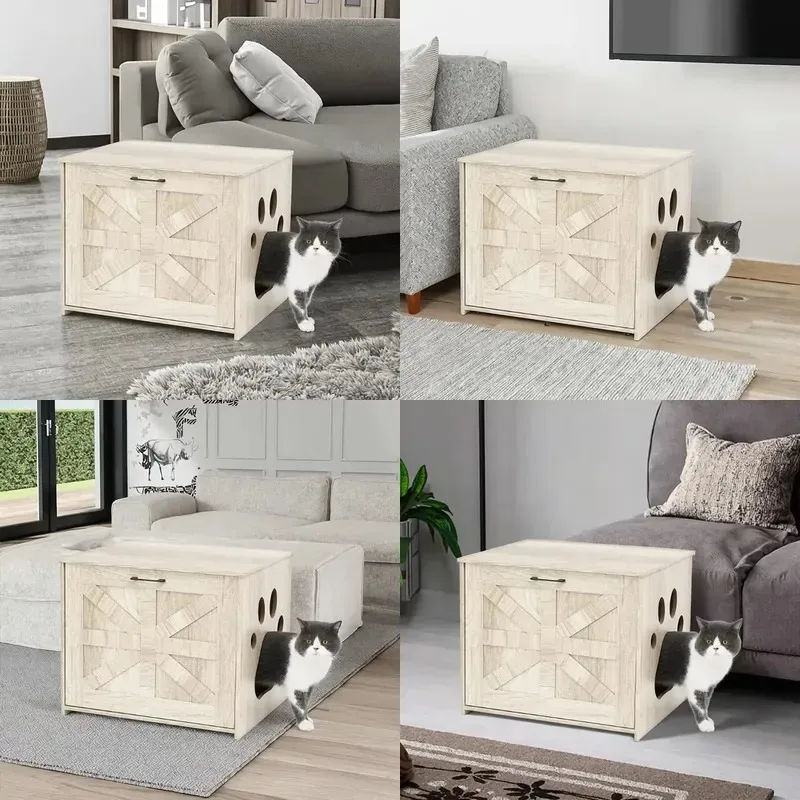 Modern Wooden Cat Litter Box Cabinet with Sliding Door Hidden Indoor Furniture Bedside Table Living Room Side Storage Set