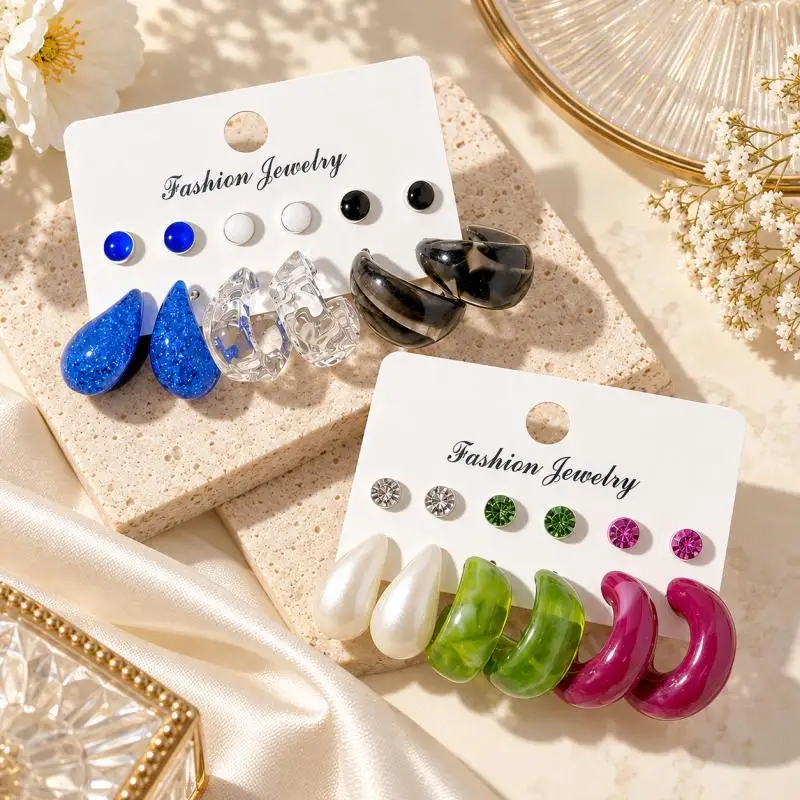 Colorful Hoop & Stud Earrings Set for Women, Chunky Statement Earrings, Multi Color Fashion Jewelry for Daily Party