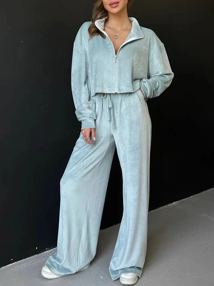 Long Sleeve Zipper Top Wide Leg Pants Two Pieces Matching Sets Women Autumn Winter Loungewear Solid Ladies Outfit Dropshipping