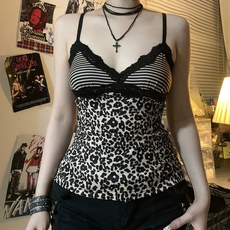 Leopardenmuster Slim Sexy Camisole Y2K Vintage Mode 2000er Jahre Spitzen-Patchwork V-Ausschnitt Spaghetti-Träger Tanktop Damen Sommer Weste Neu