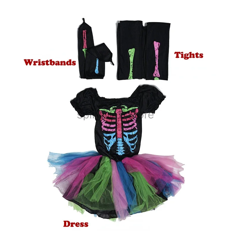 Girls Rainbow Skeleton Halloween Cosplay Costume Toddler Funky Punky Bone Dress Up Party for Kids Stage Performance Props