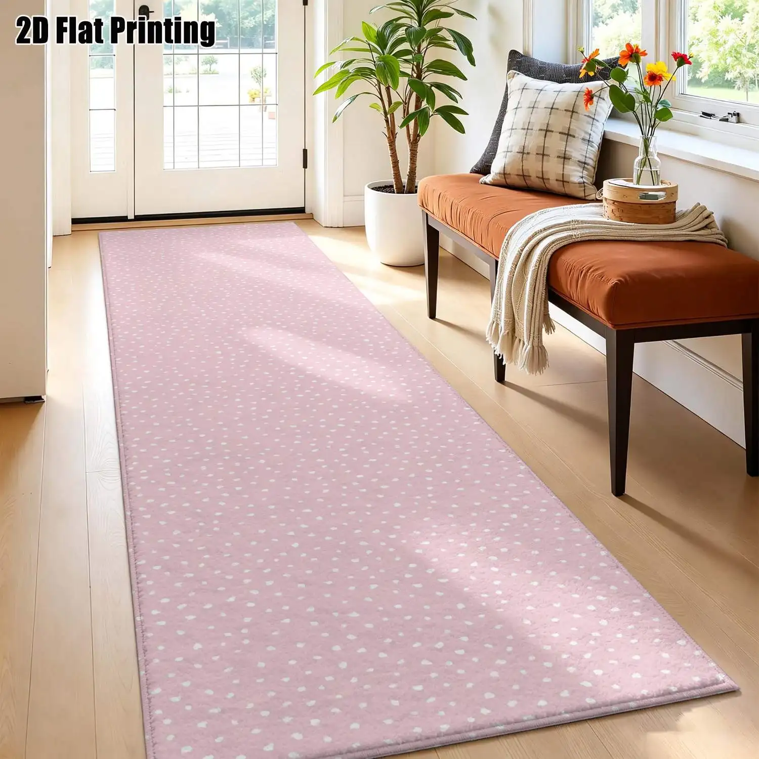 1Pc 2D Printed Pink Polka Dot Long Strip Rug Nordic/Instagram/Modern Minimalist/Geometric Striped Style, Home Decor, Multi-Size, Machine Washable, Suitable for Entrance, Hallway, Bedroom, Kitchen.