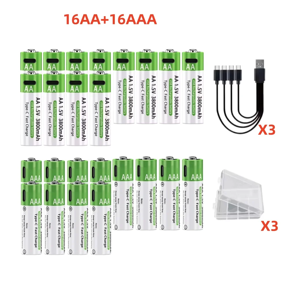Typ-C-Schnellladung, 1,5 V, 3000/3800 mAh, AA, AAA, wiederaufladbare Li-Ionen-Batterien für Fernbedienung, Maus, Spielzeug, Game-Controller