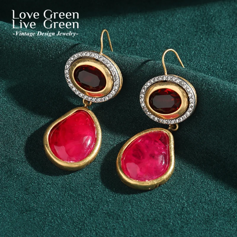 

Vintage Crystal Water Drop Red Earrings Woman Glass Agate Gold Color Quality Luxury Designer Gifts New Trends 2025 Accessories