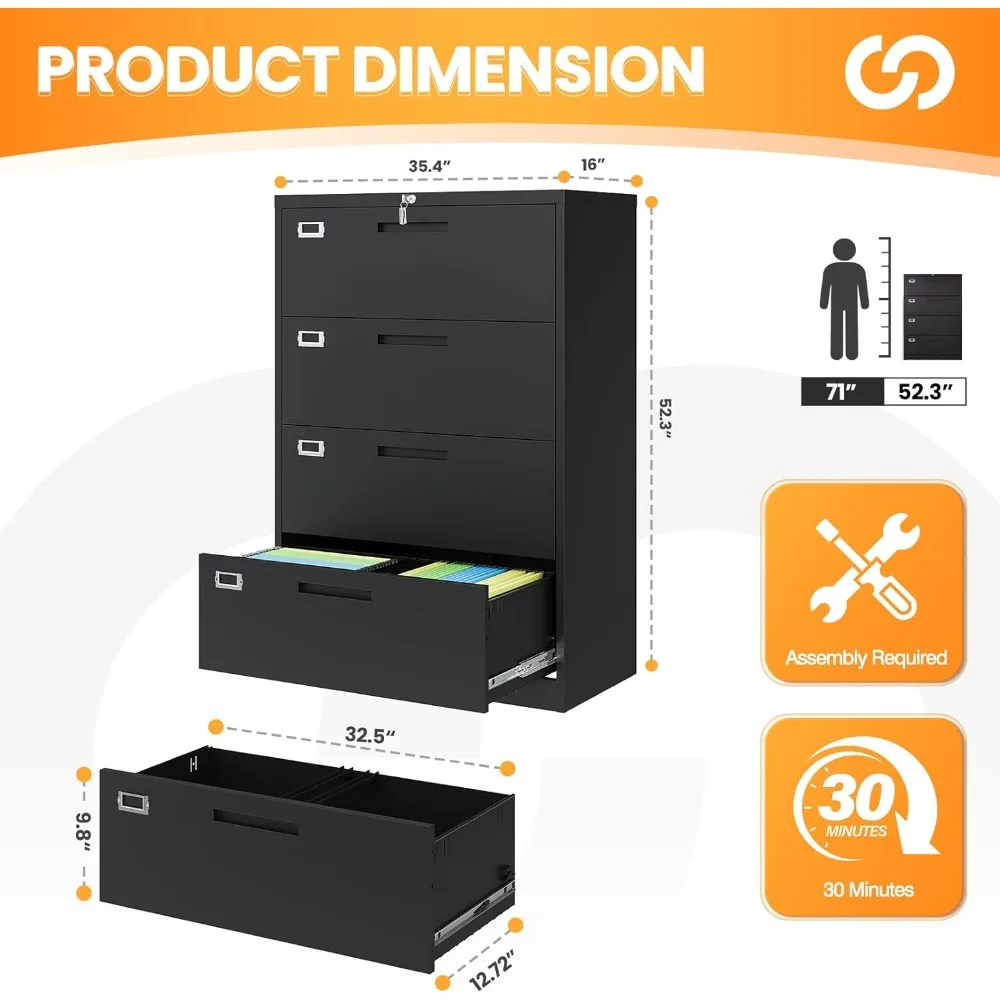 خزانة ملفات بأربعة أدراج بقفل معدني للمكتب المنزلي، حل تخزين أسود مع أمان وتنظيم