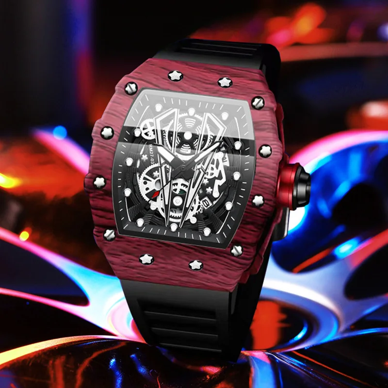 Dropshipping Tonneau Big Watches For Men Fashion Sport Red Rubber Strap Wristwatch Cool Waterproof Skeleton Watch Best Gift 2023