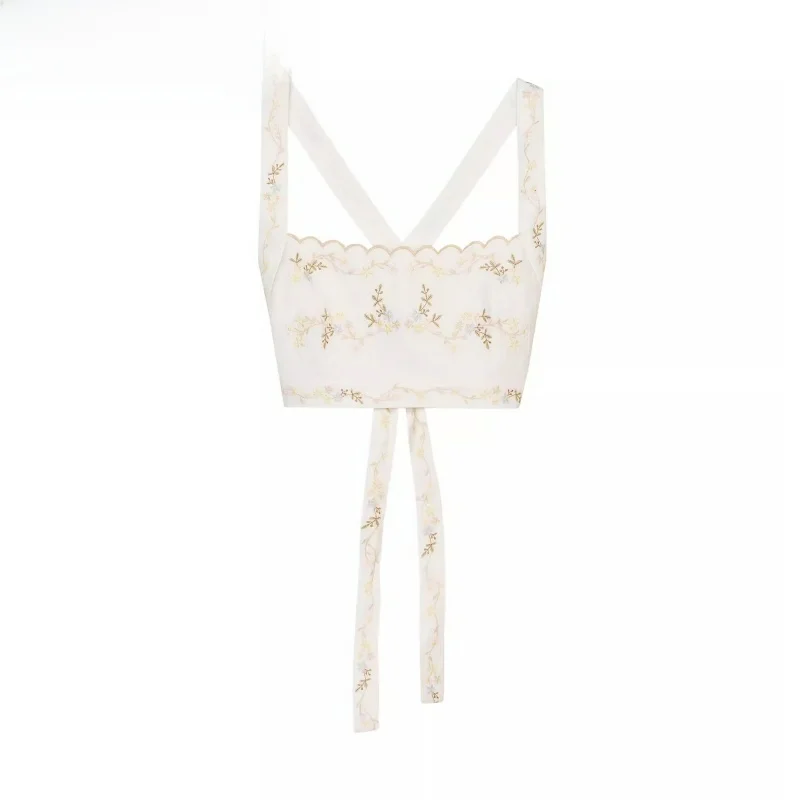 

Summer New Women's Embroidered Cotton Straight Collar Vest Strap Tops ort irt Floral Print Slim Fit Pullover Plant Motif