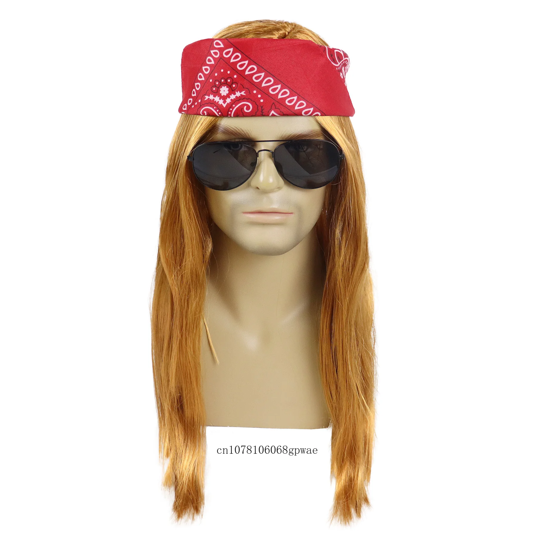 Halloween 80s Rocker Costume Set Synthetic Rock Wig with Bandana Headband Tattoo Sleeve Glasses Inflatable Guitar Cosplay Party