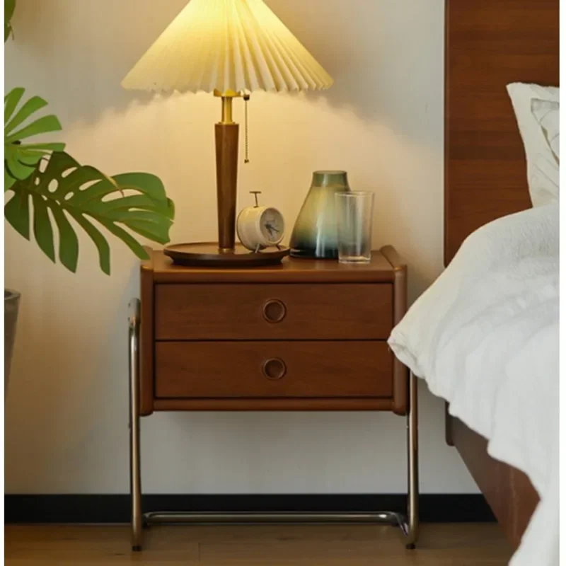 Minimalist Nightstand Vintage Solid Wood Bedside Cabinet Bedroom 2 Layers Drawers Storage Rack Versatile Scene Bedroom Furniture