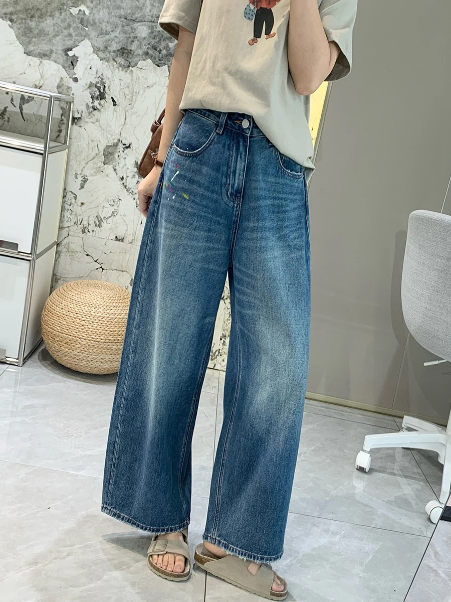 

Slimming High Waist Straight Leg Jeans Fashionable Paint Print Nine Point Wide Leg Pants Spring Summer Thin Cotton Elastic Denim