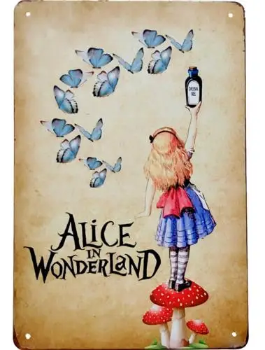 1 pcs,Alice's Adventures in Wonderland Vintage Metal Sign Alice w/ Butterflies 12 x 8