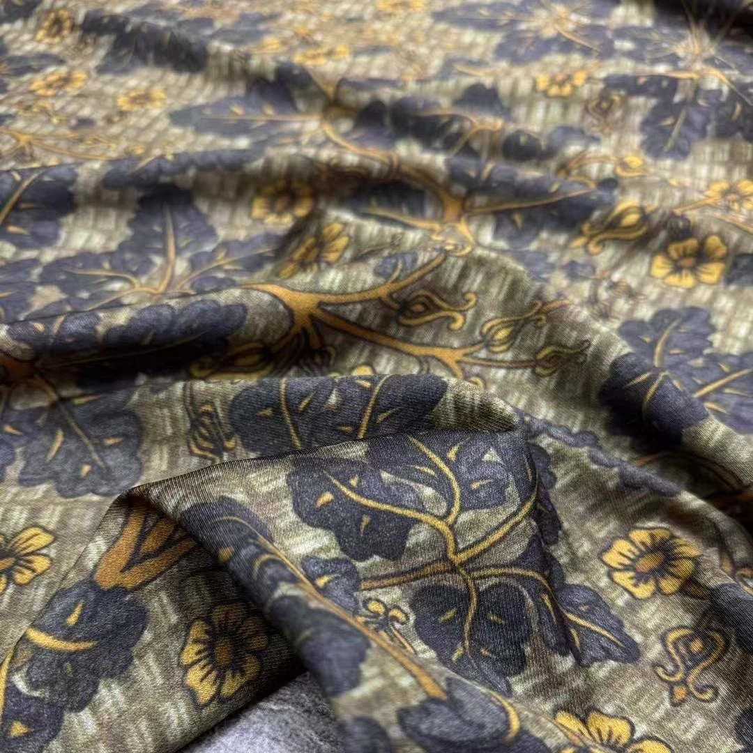 Tela de Seda Twill Estampada Floral Azul Oscuro y Amarillo, Cómoda para Coser Vestidos, Faldas, Camisas, Blusas y Pantalones de Verano, 140 cm de Ancho, R2042