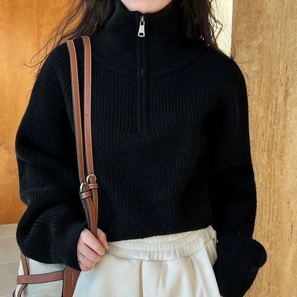 Half Zip Closure Cropped Knit Sweater Soft Waffle Knit Solid Color High Neck Pullover High Waist Fit Long Sleeve Design
