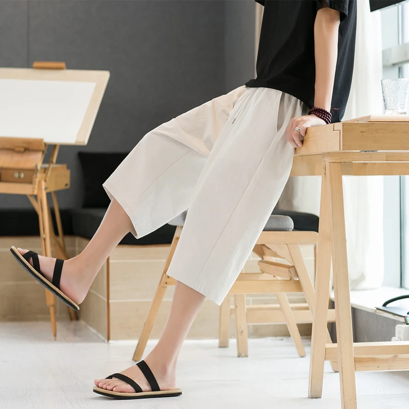 

LAPPSTER Cotton Linen Summer Harem Pants Men Short Joggers Chinese Style Calf-Length Casual Baggy Pants Male Hawaiian Trousers