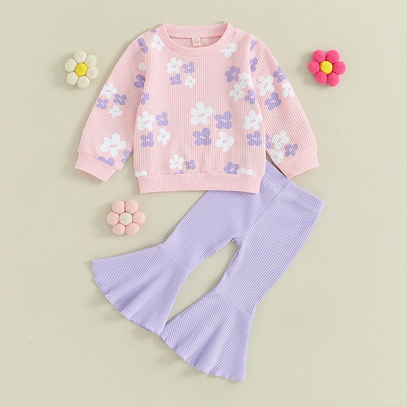 6M-5Y Baby Girl 2Pcs Cute Outfits Long Sleeve Floral Print Pullover Tops + Flare Pants Set Toddler Spring Fall Clothes