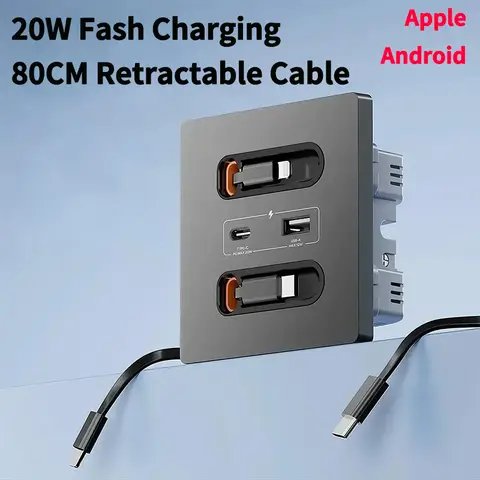  80CM 접이식 USB 케이블을 갖춘 공간 절약형 벽면 소켓 | iPhone 15 Pro/Android 휴대폰용 20W 고속 충전 