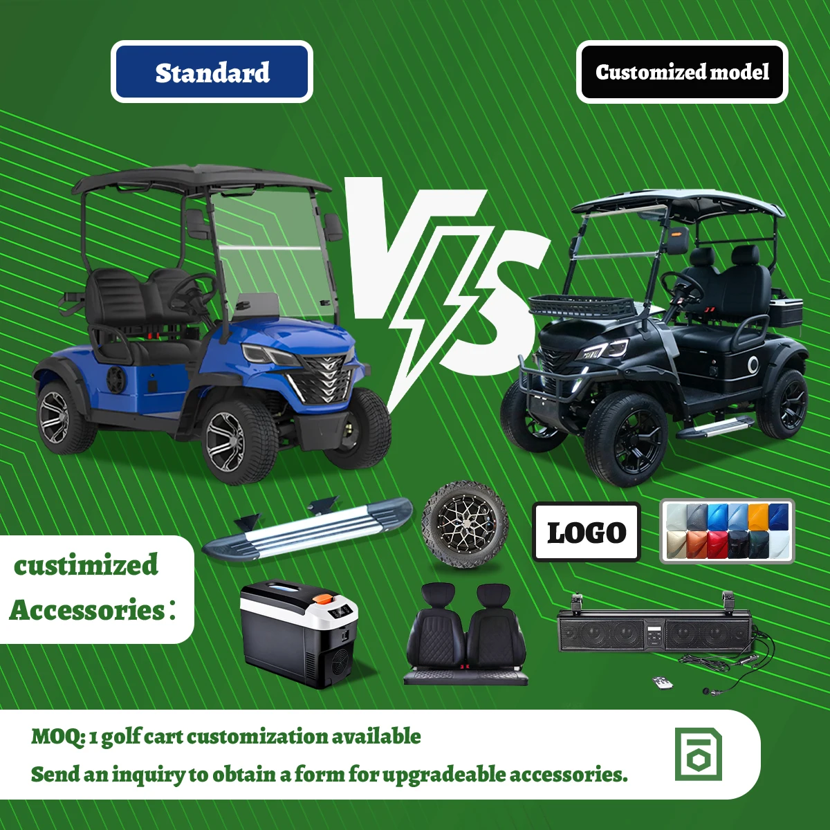 Electric golf cart with 2 seats, road legal, luxury 72V battery, speed 50-70 km/h, range coverage 90 km