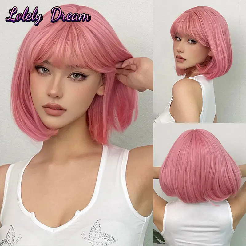 

High Temperature Silk Full Head Cover Pink Synthetic Wig Ladies Natural Bangs Short Straight Hair Daily Cosplay wig