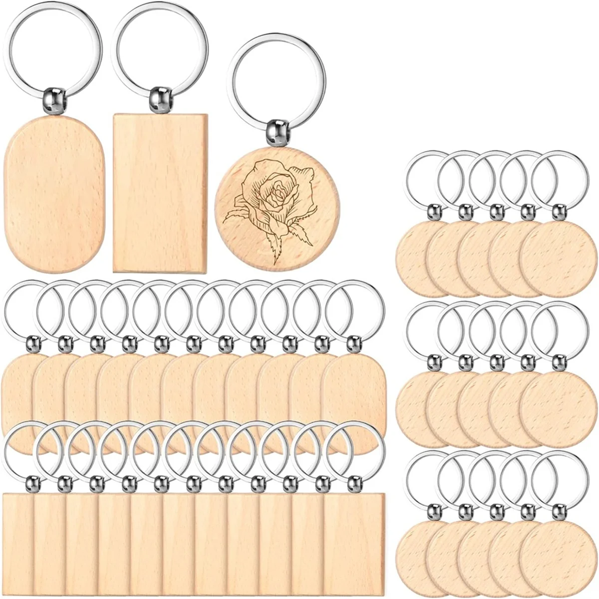 48 Pcs Wooden Keychain Blanks Wood Engraving Blanks Key Chain Unfinished Rectangle Oval Round Wood Key Tag for DIY Gift